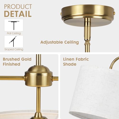 3 Light Gold Linear Chandelier with Linen Beige Drum Shades,Modern Pendant Light Fixture for Kitchen Island,Dining Room,Living Room,Mid-Century Ceiling Light Fixture,Adjustable Height Island Light - color: 3 Light-Gold