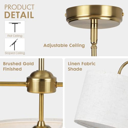 3 Light Gold Linear Chandelier with Linen Beige Drum Shades,Modern Pendant Light Fixture for Kitchen Island,Dining Room,Living Room,Mid-Century Ceiling Light Fixture,Adjustable Height Island Light - color: 3 Light-Gold