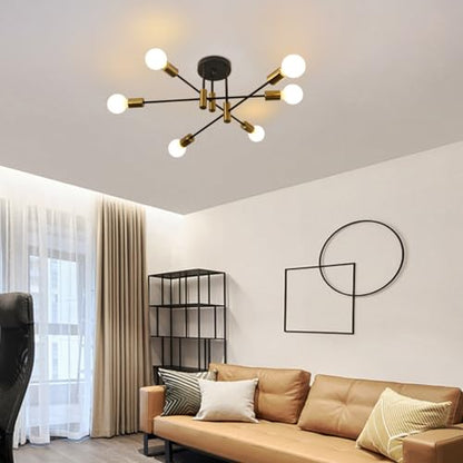 Garwarm Ceiling Light Fixture, 6-Lights Black and Gold Mid Century Semi Flush Mount Ceiling Light,Modern Sputnik Chandelier for Kitchen Dining Room Bedroom Entryway Hallway - color: 6-Lights,Black and Gold