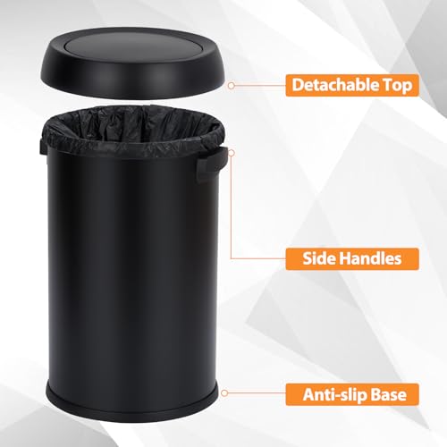 GarveeHome 17 gal/65 L Swing Top Trash Can, Stainless Steel Rubbish Bin, Commercial Grade Waste Container, Round Garbage Can for Outdoor, Home Office, Restaurant, Black - color: Black, Swing Lid