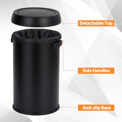 GarveeHome 17 gal/65 L Swing Top Trash Can, Stainless Steel Rubbish Bin, Commercial Grade Waste Container, Round Garbage Can for Outdoor, Home Office, Restaurant, Black - color: Black, Swing Lid