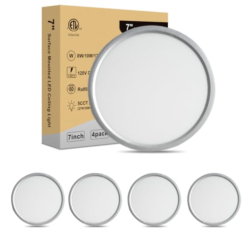 7 Inch LED Ceiling Light, Dimmable 2700K/3000K/3500K/4000K/5000K Selectable, Ultra Slim 0.67 Inch Round Flat Ceiling Lamps for Bathroom Basement, 7 Inch 4Pack Silver - color: Silver-4 Pack, size: 7 Inch