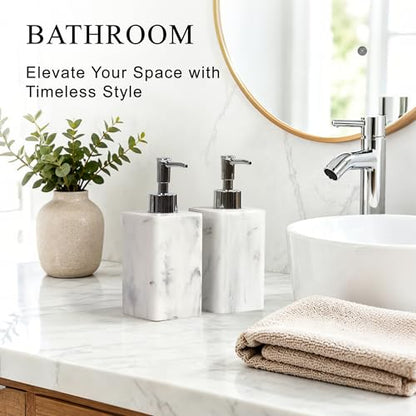 YMXYJM 2 pcs Hand Soap Dispenser Set, 11oz Refillable Resin Liquid Soap Dispensers with Rustproof Pump, Lotion Dispenser Includes Silicone Funnel for Bathroom Countertop or Kitchen, Marble-Effect - color: Marble White
