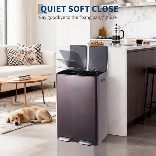 Garvee Dual Trash Can, 16 Gal (2 x 30 l) Stainless Steel Kitchen Garbage Can with Lid and Inner Bucket, Double Compartment Trash and Recycle Bin Combo with Step Pedal for Home Office, Brown - color: Brown, size: 30L+30L