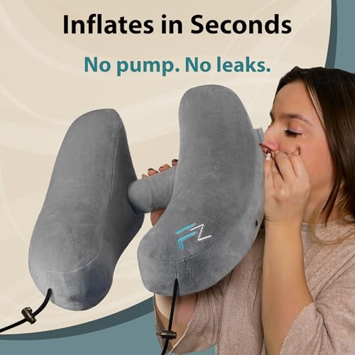 FLOWZOOM Air Inflatable Neck Pillow for Traveling on Plane - H-Shape Hooded Travel Pillow with 5 Snooze Modes, Fast Inflation, Pressure Control, Cozy Clip-On Hood & Plushy Cover - Size L, Silver Gray - color: Silver Gray