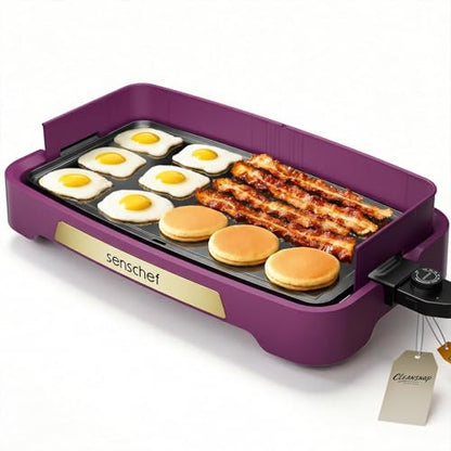 Cleansnap Everyday Electric Griddle, Great Gift for Family Feasts - 20” Nonstick Grill with Foldable Anti-Mess Shield, Rapid 1700W Heat & PPG Ceramic Coating, Dishwasher Safe, Twilight Purple - color: Twilight Purple
