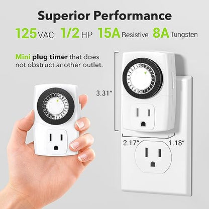 BN-LINK U47 Indoor Mini 24-Hour Mechanical Outlet Timer, 3-Prong, 2-Pack - size: 3-Prong, 2-Pack, 1 Outlet, Mini