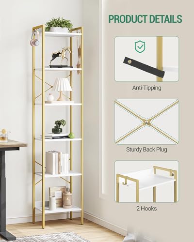 Hzuaneri Bookshelf, Book Shelf, Industrial Bookcase with 2 Hooks - color: White Gold, size: 9.4"D x 15.4"W x 72.8"H