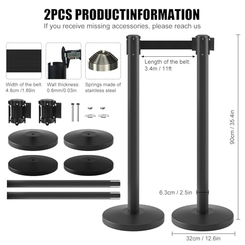 kaiyomi 2 Pack Stanchions with Retractable Barriers 11 Feet Belts (Black) - color: Black