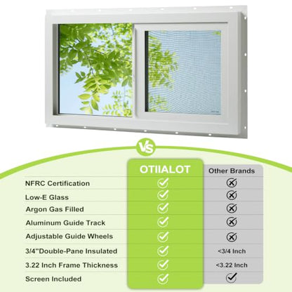 3.22" Thickness 32" x 18" Vinyl Sliding Basement Window,Low-E Glass with Argon Gas,Double-Pane Insulated Tempered Clear Glass,Half Screen Included,White - size: 32"x18"