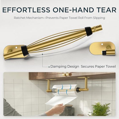 FORIOUS Paper Towel Holder Under Cabinet, One Hand Tear, Brushed Gold - color: Brushed Gold