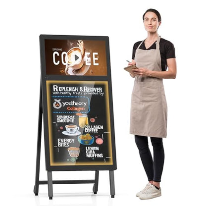 Portable A-Frame Rechargeable Digital Signage Kiosk with LED Message Writing Board, 8H Battery Powered USB Plug & Play Dual Screen, Foldable Advertising Display for Retail Stores, Restaurants