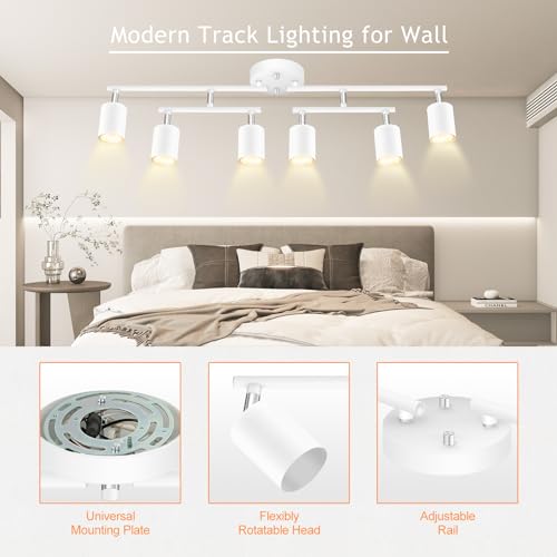 BoostArea 6 Light Track Lighting Kit, White 6 Way Ceiling Spot Lighting, Center Swivel Track Light Heads, Flexibly Rotatable Light Head for Kitchen, Living Room, Bedroom, GU10 Bulb Not Included - color: Rotatable-6 Light-white