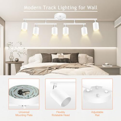 BoostArea 6 Light Track Lighting Kit, White 6 Way Ceiling Spot Lighting, Center Swivel Track Light Heads, Flexibly Rotatable Light Head for Kitchen, Living Room, Bedroom, GU10 Bulb Not Included - color: Rotatable-6 Light-white