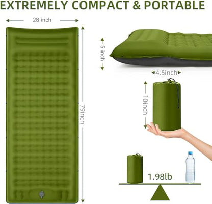 FNARMW Camping Sleeping Pad, Extra Thick 5 Inch Camping Mat with Pillow Built-in Foot Pump Inflatable Sleeping Pads Compact for Camping Backpacking Hiking Traveling Tent（Military Yellow） - color: Military Yellow