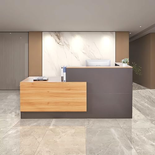 L Shaped Reception Desk with Lockable Drawers and Adjustable Filling Cabinet,Modern Front Desk Reception Counter with Keyboard Tray and Storage Cabinet for Checkout,Lobby,Beauty Salon - color: Right-l Natural Wood/Slate Gray, size: 86.6''L x 23.6''W x 41.