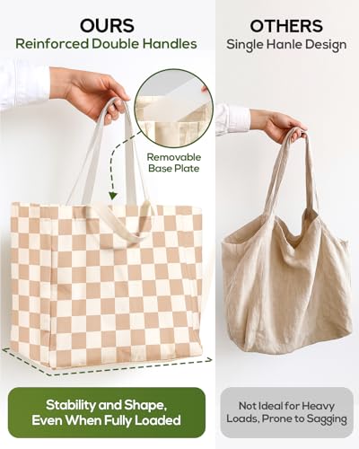 Miss Adola Extra Large Canvas Grocery Tote Bag - color: Beige Plaid