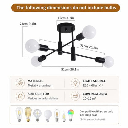 Garwarm 4-Light Sputnik Semi Flush Mount Ceiling Light, Matte Black Fixture - color: 4-Lights,Black