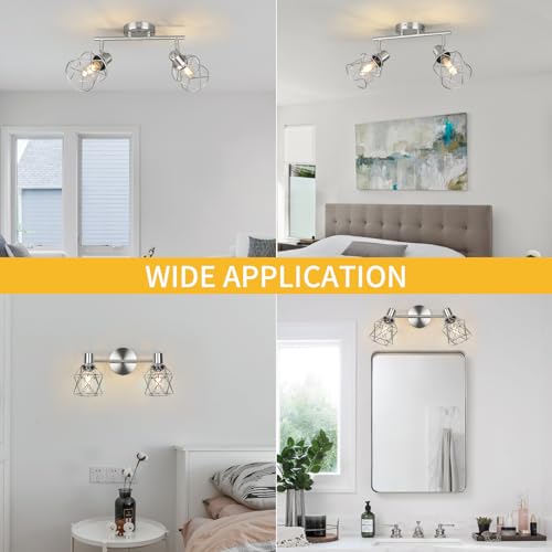 WILON Industrial Track Lighting Kit, 2 Light Modern Track Lighting Fixtures Brushed Nickel Flush Mount Ceiling Light Rotatable Light Head E26 Base Ceiling Spotlight for Kitchen Dining Room Hallway - color: Brushed Nickel, size: 2-Light-Cage