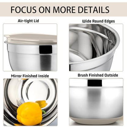 P&P CHEF Stainless Steel Mixing Bowls With Lids, Set of 6, Khaki - color: Khaki