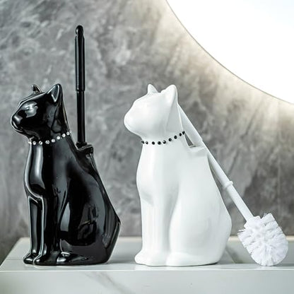 Cat Toilet Brush Holder - Ceramic Whimsical Feline Design with Wide-Mouth Storage, Black Toilet Bowl Brush and Holder Set Cute for Bathroom Ground, Easy-Clean Cat Lover Gift (White)
