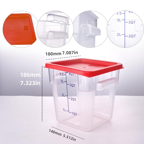 2 Pack RED Square Food Storage Container With Lid,Commercial Storage Box With Scale & Handle,Cake Making,Dough Marinating Meat,Kitchen Supplies (4 Quart) - size: 4 Quart-RED LID & MEASURING LINE