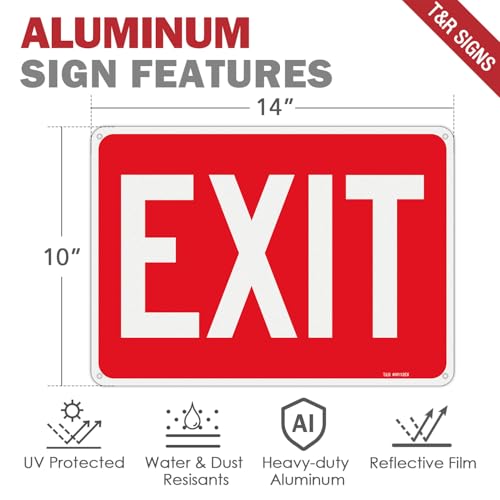 T&R Large Exit Sign - 14 x 10 Inches Rust Free .040 Aluminum Reflective - UV Protected, Waterproof and Fade Resistant - 4 Pre-drilled Holes - color: Red -14" x 10" - 1 Pack
