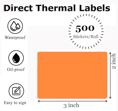 3" x 2" Thermal Labels Stickers Orange, Thermal Printer Shipping Stickers, Multipurpose Inventory Self-Adhesive Direct Thermal Label for Small Business (500 Labels/Roll) - style: 3" x 2"-Orange-500PCS