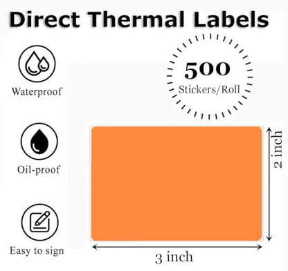 3" x 2" Thermal Labels Stickers Orange, Thermal Printer Shipping Stickers, Multipurpose Inventory Self-Adhesive Direct Thermal Label for Small Business (500 Labels/Roll) - style: 3" x 2"-Orange-500PCS