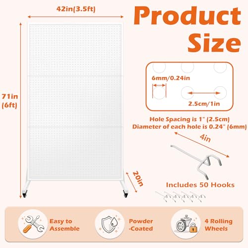 Royxen 3.5 x 6 Feet Metal Pegboard with 50 Hooks, Peg Board Display Stand with Wheels, Large Standing Pegboard Displaywith T-Base Art Display Stand for Retail Stores Exhibitions Homes (White) - color: white
