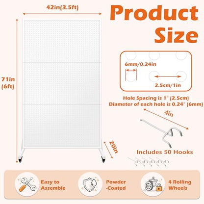 Royxen 3.5 x 6 Feet Metal Pegboard with 50 Hooks, Peg Board Display Stand with Wheels, Large Standing Pegboard Displaywith T-Base Art Display Stand for Retail Stores Exhibitions Homes (White) - color: white
