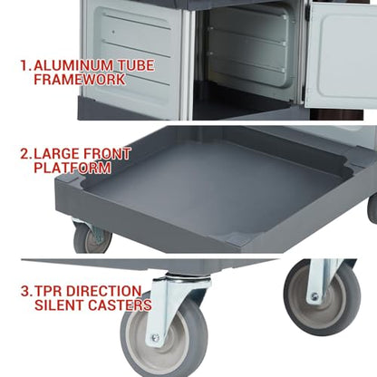 Heavy-Duty Commercial Janitorial Cleaning Cart with Dual Cabinets, 3 Storage Shelves, Vinyl Trash Bag & Smooth-Rolling Wheels – Professional Housekeeping Trolley for Hotels, Schools & Apartments - color: Grey