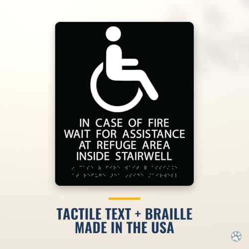 Alpha Dog In Case of Fire Wait Sign, 13x11 ADA Braille Sign, Black - color: Black, size: In Case of Fire - Wait for Assistance