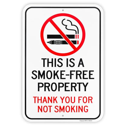 Large This Is A Smoke-Free Property, Thank You For Not Smoking Sign 18"x 12" .040 Rust Free Aluminum – Reflective, UV Protected and Weatherproof