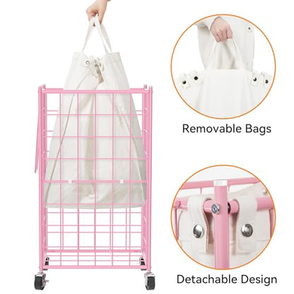 WOWLIVE Rolling Laundry Basket, Metal Wire Frame Laundry Hamper with Wheels - color: Pink, size: 100l