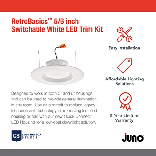 Juno 5"/6" Inch LED Recessed Lighting, RetroBasics Series LED Downlight Trim Kit, Regressed 5"/6" Ceiling Light with 5-in-1 Switchable White Color, 860 Lumens, Baffle Trim, Matte White - color: Switchable White, size: 5/6-Inch, style: Standard | Non-Adjus