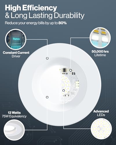 Sunco 100 Pack 6 Inch Retrofit LED Recessed Lights, 5CCT 13W=100W Dimmable - size: 6 Inch (100 Pack)