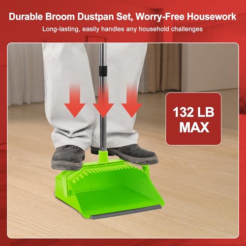 Broom and Dustpan Set for Home, 51" Long Handle Standing Pan Light Green - color: Green