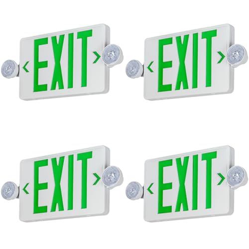 Green LED Exit Sign Emergency Light Combo UL, 4 Pack - color: White Housing+Green Letter+Light, size: 4 Pack