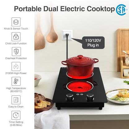 GIHETKUT Electric Cooktop,110V 2100W Electric Stove Top with Knob Control, 10 Power Levels, Kids Lock & Timer, Hot Surface Indicator, Overheat Protection,Built-in Radiant Double induction cooktop - size: 2 burner electric stove
