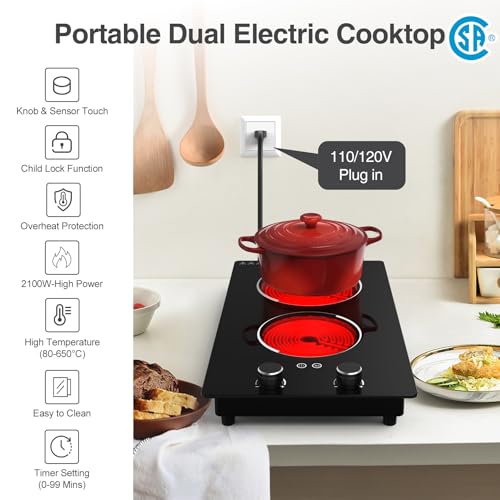 GIHETKUT Electric Cooktop,110V 2100W Electric Stove Top with Knob Control, 10 Power Levels, Kids Lock & Timer, Hot Surface Indicator, Overheat Protection,Built-in Radiant Double induction cooktop - size: 2 burner electric stove