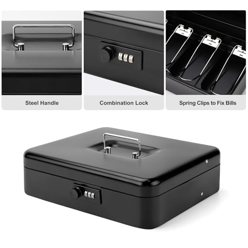 Cash Box with Combination Lock & Foam Auto-Pop Coin Tray – Secure Steel Money Box with 4 Upgraded Finger-Safe Bill Clips, Premium Smooth Scratch-Resistant Coating, 11.8", Combo Black - color: Combo Black
