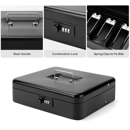 Cash Box with Combination Lock & Foam Auto-Pop Coin Tray – Secure Steel Money Box with 4 Upgraded Finger-Safe Bill Clips, Premium Smooth Scratch-Resistant Coating, 11.8", Combo Black - color: Combo Black