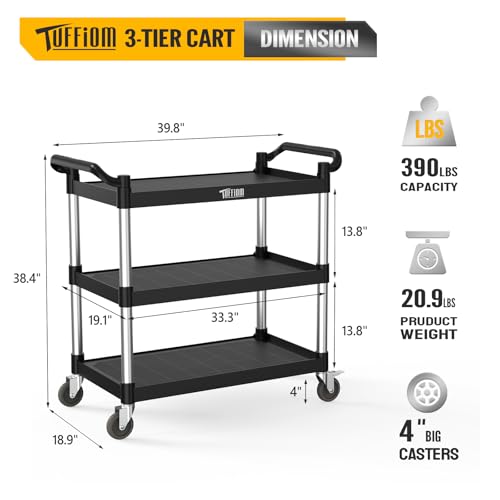 TUFFIOM Plastic Service Utility Cart with Wheels,Heavy Duty 450lbs Capacity, 3-Tier Commercial Rolling, Ideal for Restaurant, Foodservice, Office, Warehouse, Black 39.8''L x 19.1''W x 38.4''H - size: Black 39.8''L x 19.1''W x 38.4''H