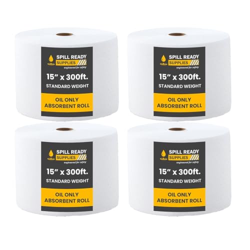 (4 Rolls) Oil Absorbent Pads Roll 15" x 300' - Hydrophobic Absorbent Mat, Absorbs Up to 40 gal. per roll - Perforated Sorbent Mat Roll for Oil & Fuel Spills, Oil Absorbing Sheets - White - color: 15" x 300' Standard Roll, size: 4