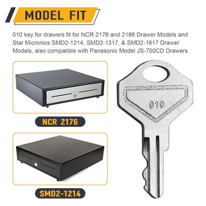 010 Key for Drawers, Cash Drawer Replacement Key Set Compatible with M-S Cash Drawer Model with 010R, 010L, or 010 Locks- Fits Many POS Registers, Set of 2 Keys, Chrome