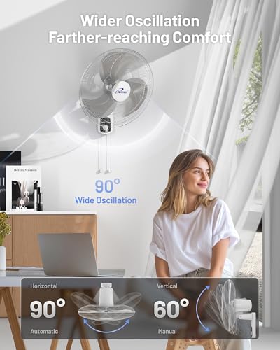 iLiving Glow Oscillating Wall Mount Fan with Adjustable Tilt, 18-inch, 3 Speed, Metal Grille and Blade, 90 Degree Oscillation, Airflow 1650CFM, Ideal for Home, Bedroom, Gym & Office, Greenhouse - size: 18 In