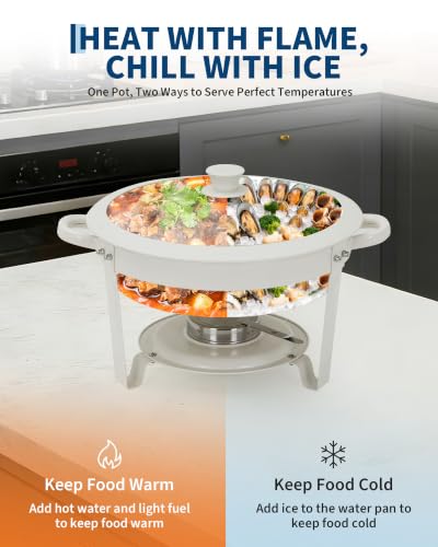GarveeHome 5QT Round Chafing Dish Buffet Set of 6, Maifanite-Coated White Chafing Dish with Transparent Lids, Stainless Steel Commercial Food Warmers for Parties, Weddings, Restaurants & Catering - size: 5QT-6 Pack