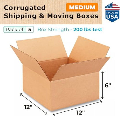 Medium Moving & Shipping Boxes 12 x 12 x 6 inches (5-Pack) - Extra Strength 200 lb vs Regular - Corrugated Packing Boxes for Moving Medium Volume - Box for Shipping by IDL Packaging - size: 12 * 12 * 6" (Medium Boxes)