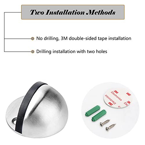 2 Pack Floor Mounted Door Stoppers 3M Adhesive Tapes Without Drilling/Screw in Door Stopper Wall Protectors with Black Rubber Bumper Tips, Ground Doorstops for Bedroom Shower Office, Silver - color: Silver